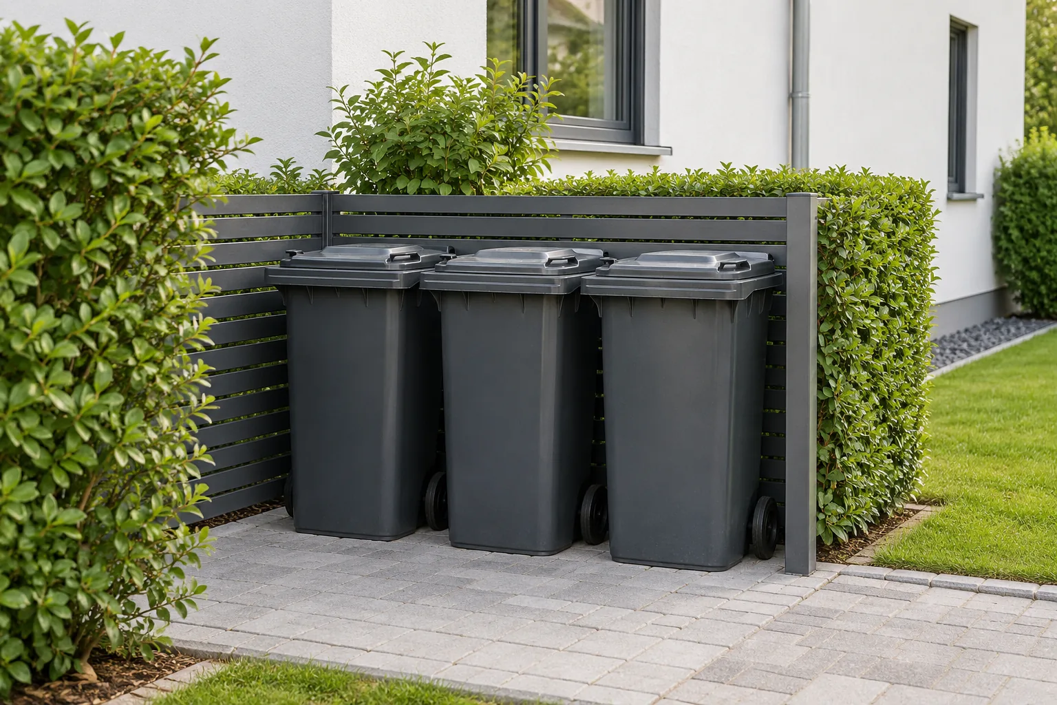 KI-Symbolbild eines gepflegten Mülltonnenplatzes – kein betreutes Kundenobjekt