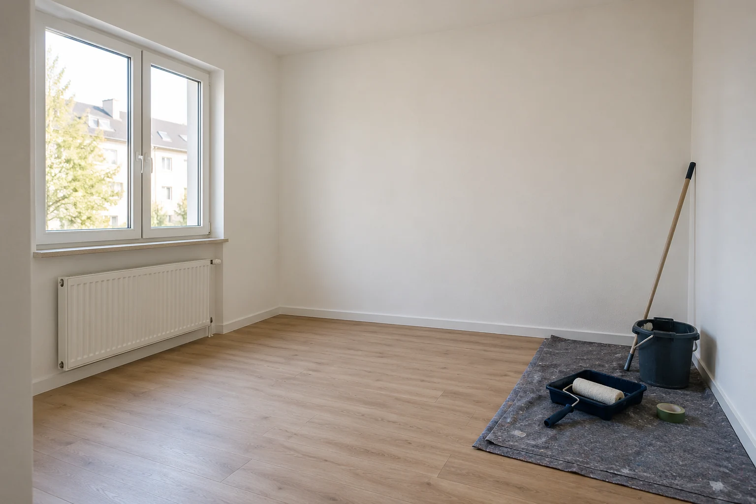 KI-Stimmungsbild eines hellen Wohnraums – kein ausgeführter Renovierungsauftrag